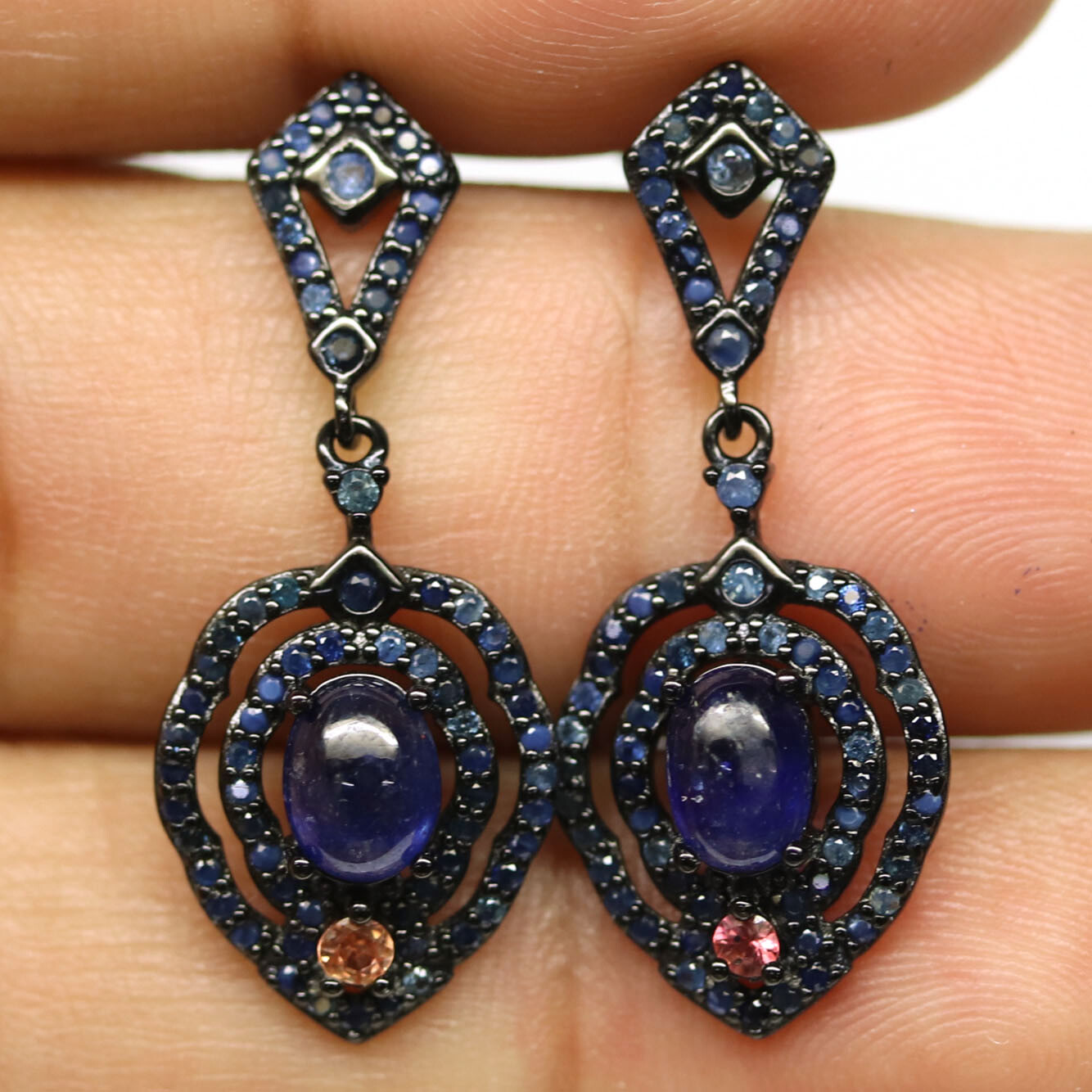 925 Sterling Silver Blue-Orange Sapphire Earrings Black Gold Coated Christmas