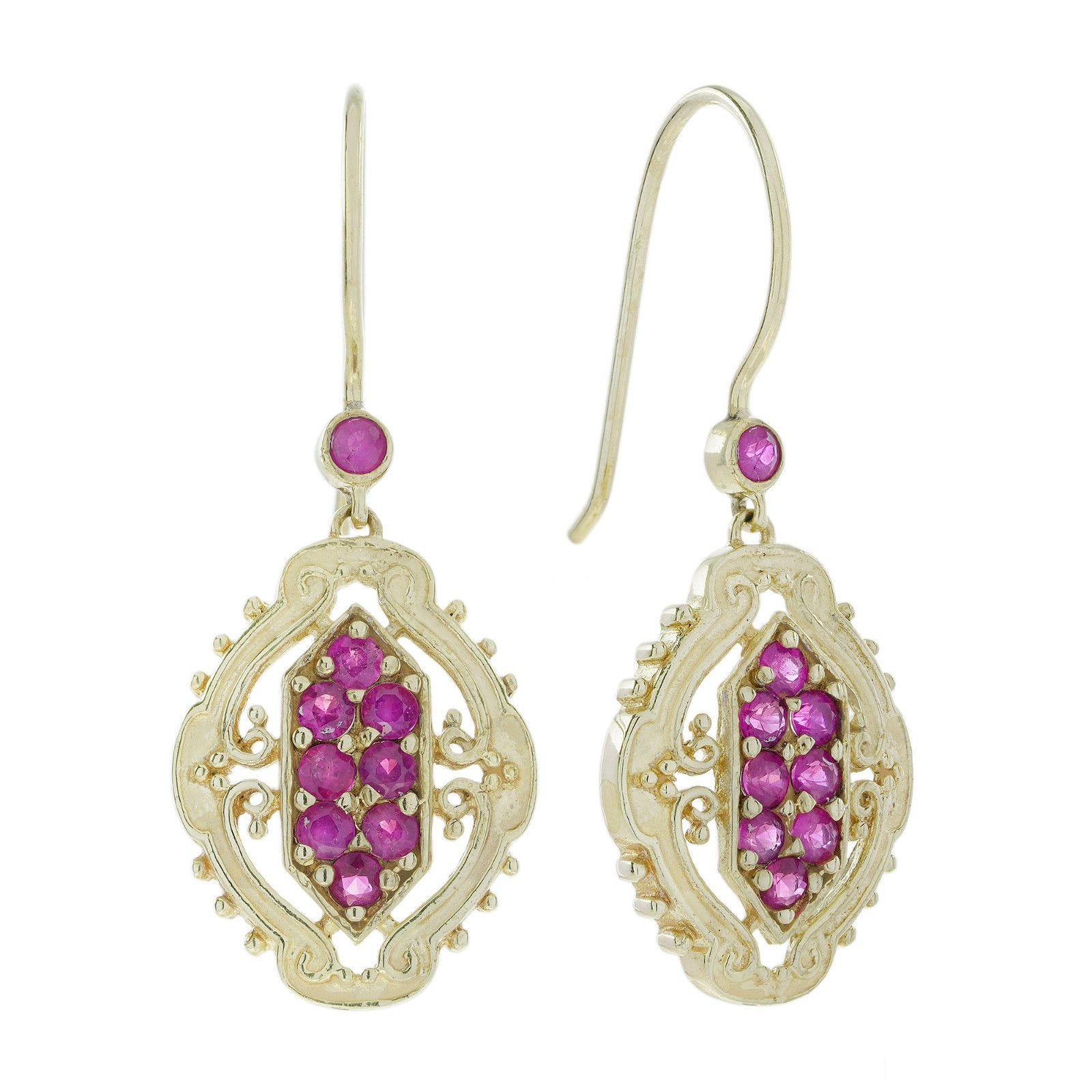 9K Gold Natural Ruby Cluster Vintage Style Drop Earrings