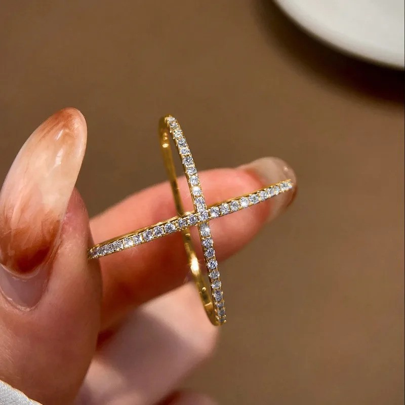 Moissanite Criss Cross Ring Sterling Silver X Band Pavé Statement Fine sz 6-10