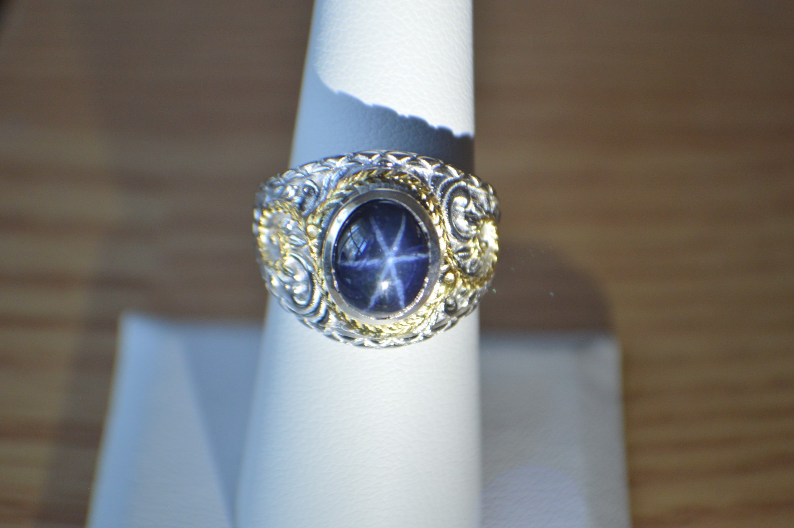 4.65ct Blue Star Sapphire Ring Rhodium & 18k YG Plated Over Fine Silver Size 7
