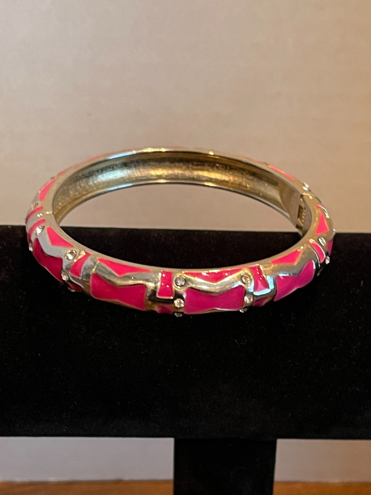 Hot Pink Fuchsia Enamel Clamper Cuff Bangle Bracelet Rhinestone Hinged Estate