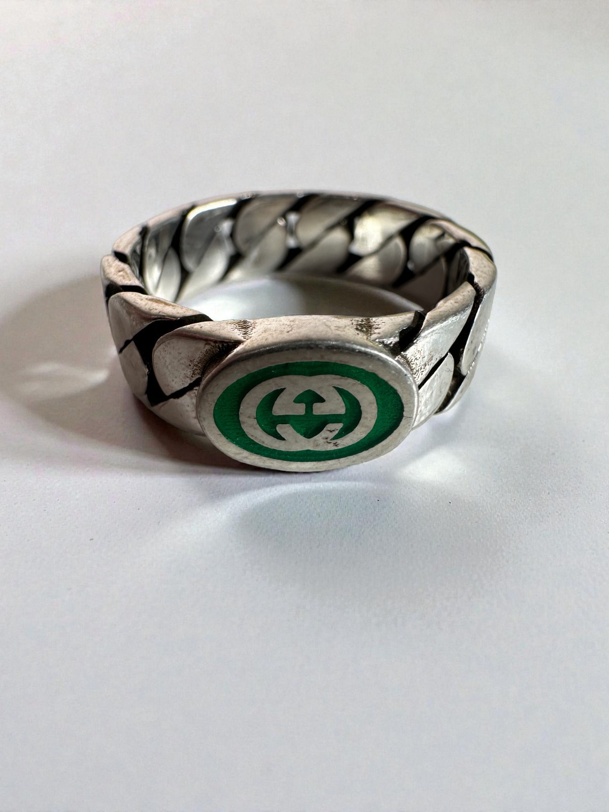 New Gucci Interlocking G Green Enamel Sterling Silver Ring Size IT14 US6.75