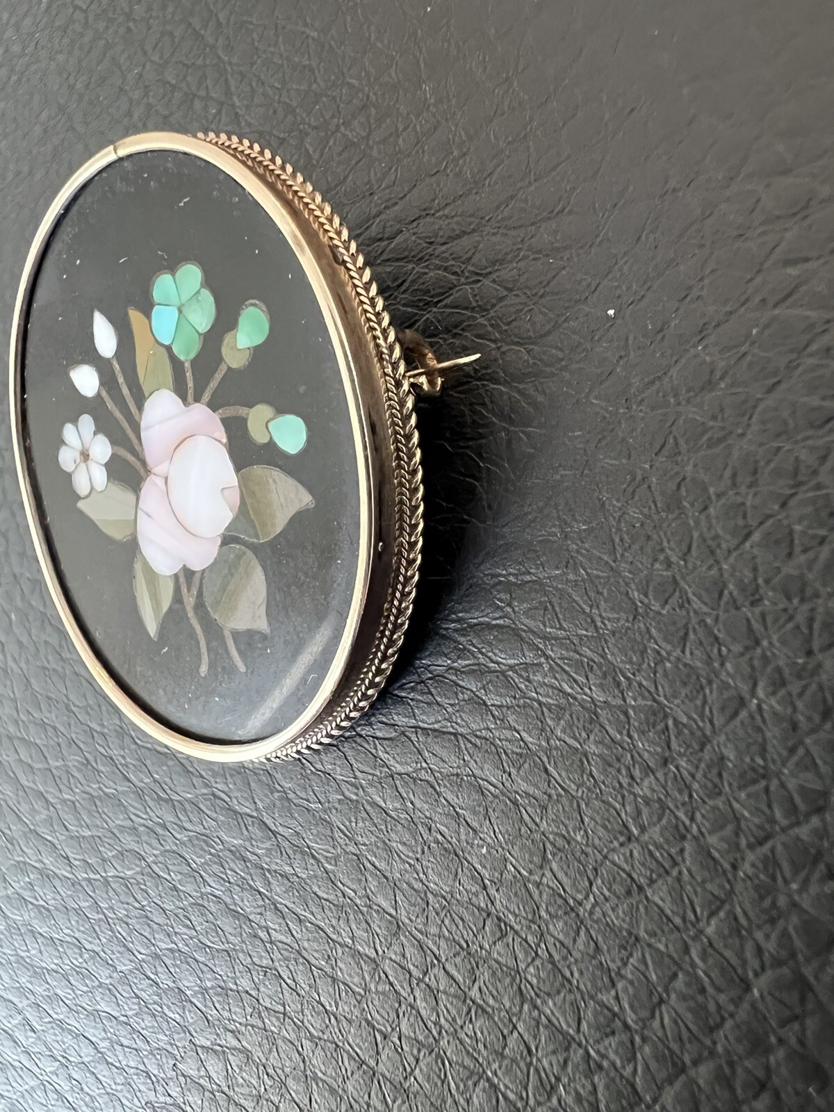 Vintage Antique Italian Pietra Dura Inlay 14k Yellow Gold Brooch Pin Flowers