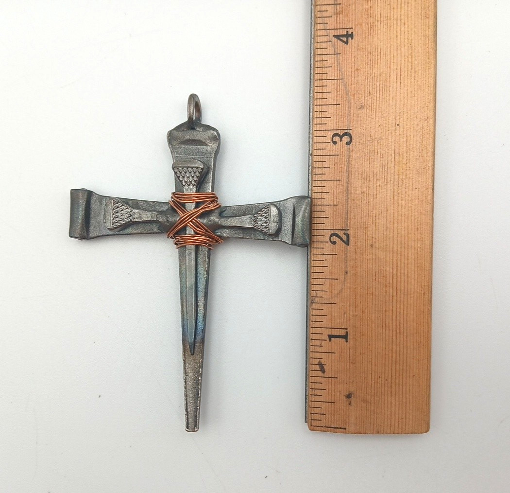 Handmade Steel Copper Cross Pendant Brutalist Rustic 3.25″