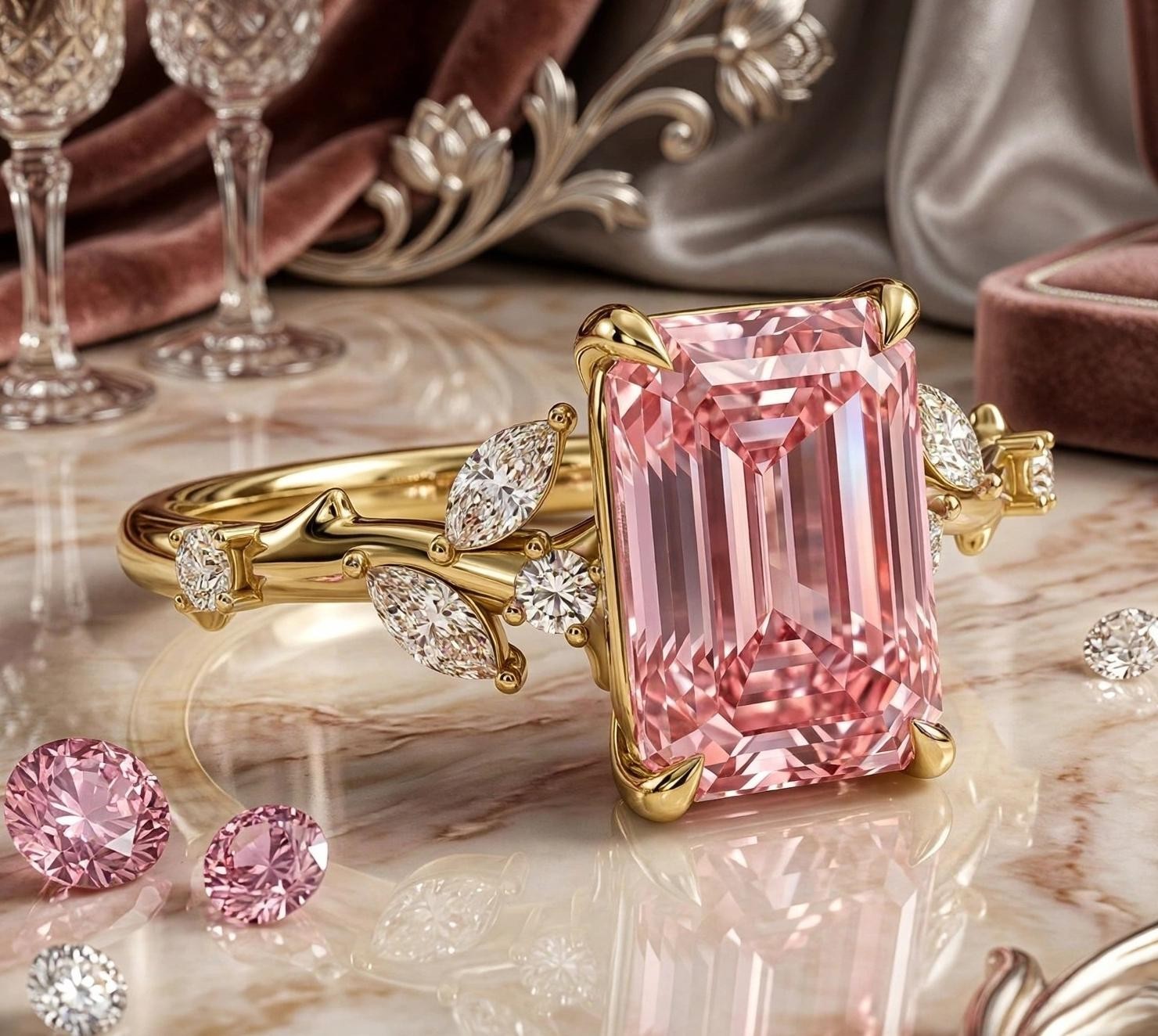 RARE 4.40 Ct Certified Emerald Cut Pink Natural Diamond Ring Yellow Gold Finish
