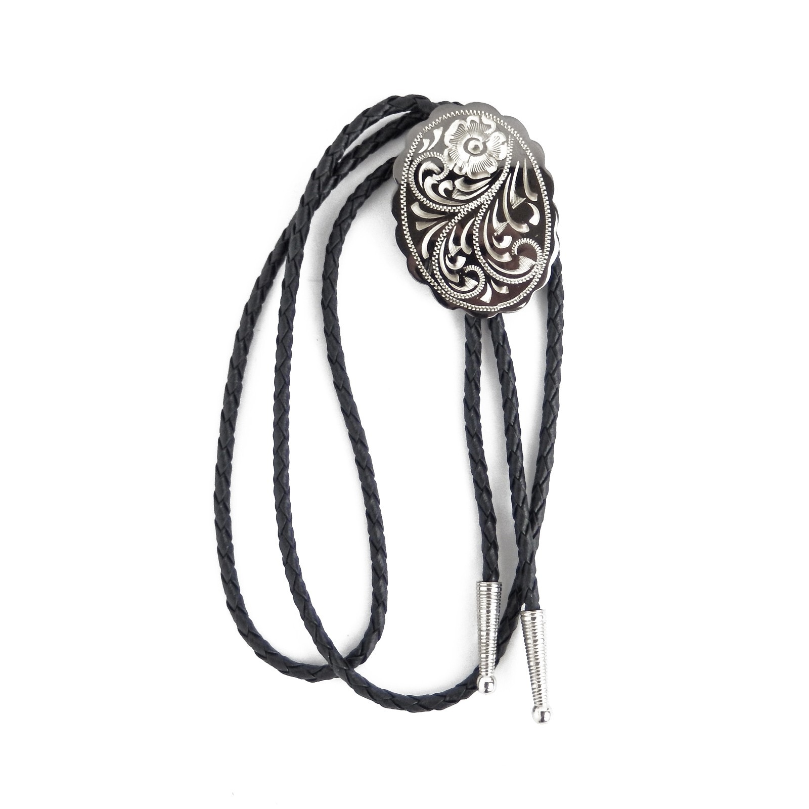 Engraved Floral Bolo Tie Adjustable 36″ Cord USA Made Western German Silver