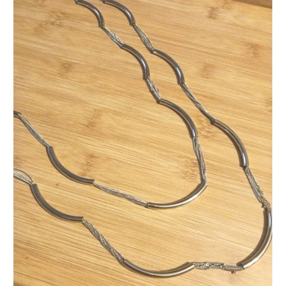 NEW French Connection Silver Curved Bar 36″ Extra Long Double Layered Necklace