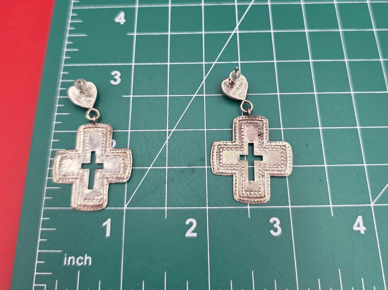 Sterling Silver Stamped Cross Pink Heart Dangle Earrings