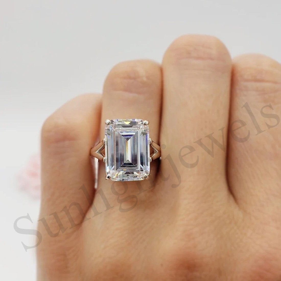 RARE 12.30 Ct Off White Emerald Cut Treated Diamond Ring 925 Sterling Silver