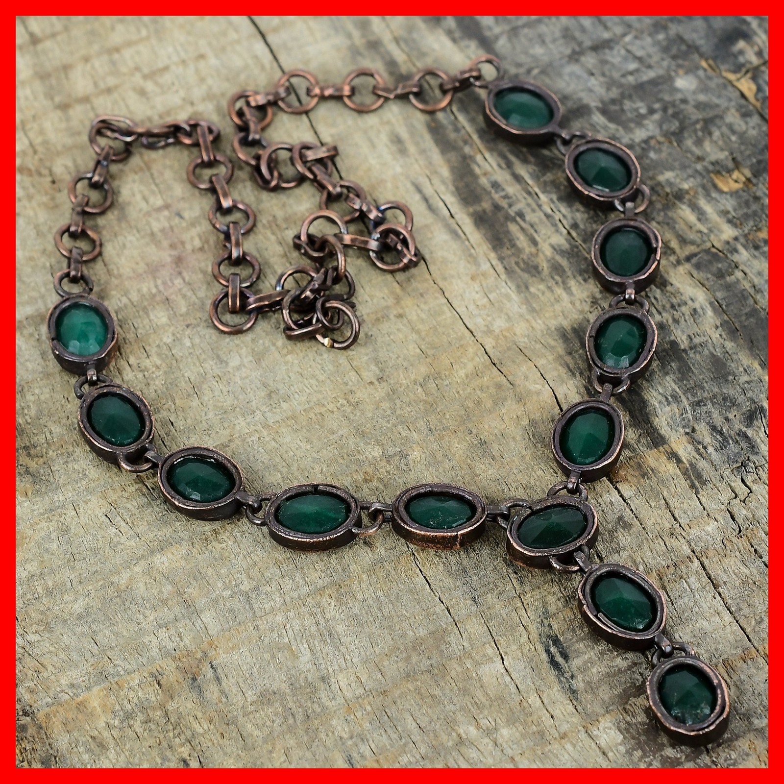 Oval Natural Zambian Emrald Copper Electroformed Chain Art Deco Elegant Necklace