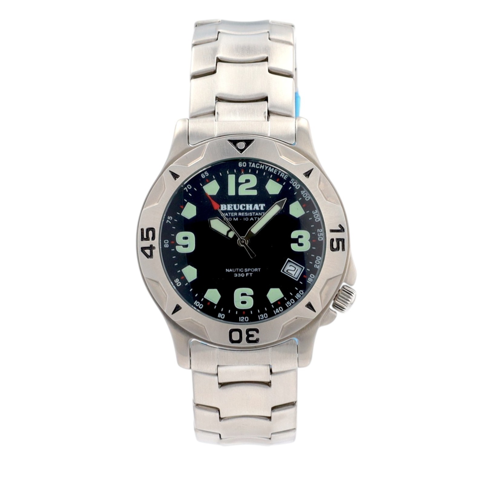 Beuchat Nautic Sport Mens Watch Black Dial Swiss Steel 100M Diver Date Quartz