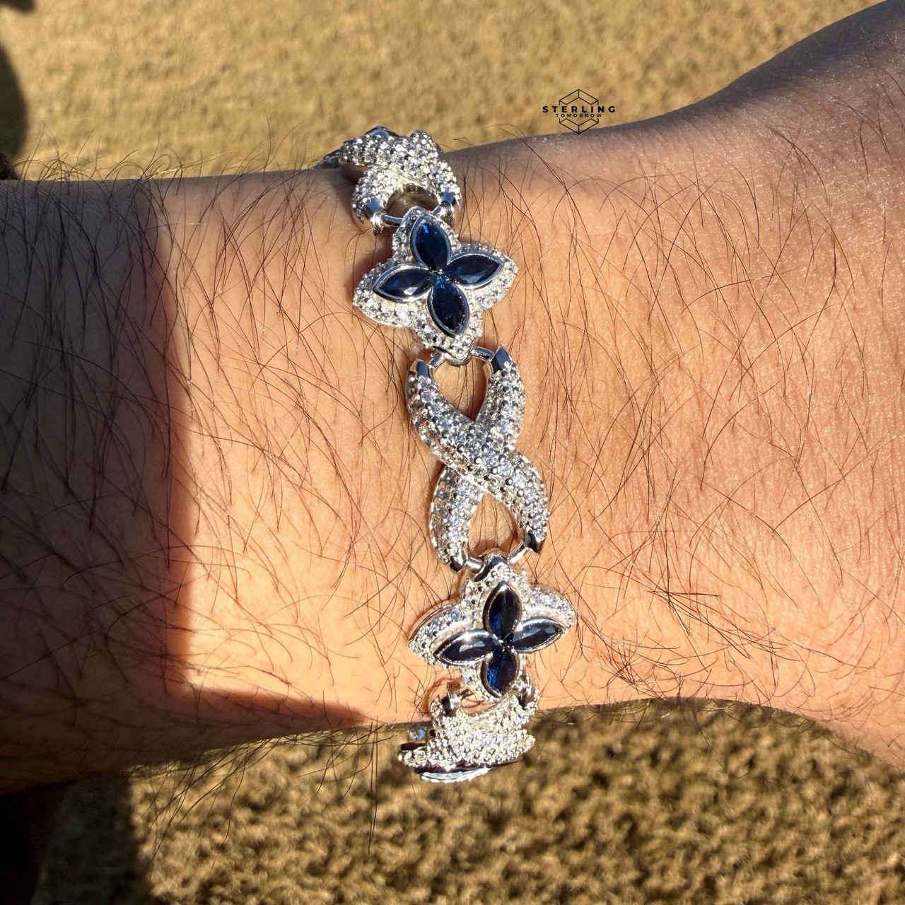 925 Sterling Silver Blue Marquis Infinity Bracelet 14mm 8″ Hip Hop Bling Mens