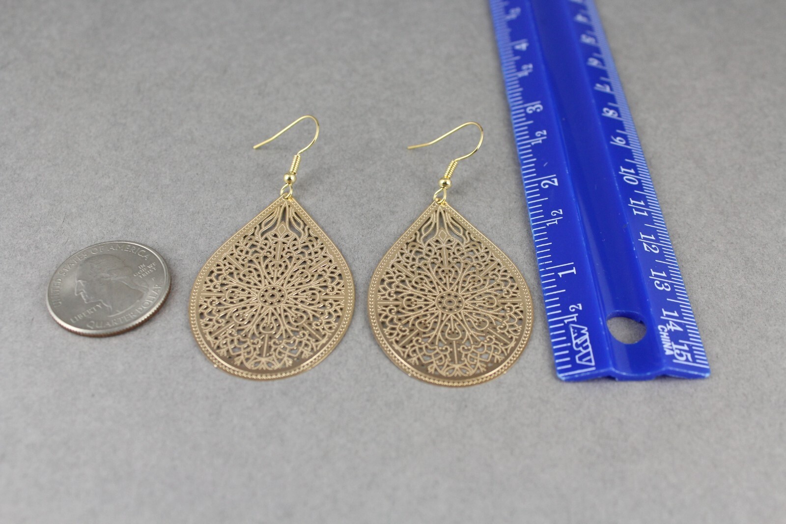 Gold earrings teardrop dangle shiny VERY lightweight filigree earrings 2.5″ long