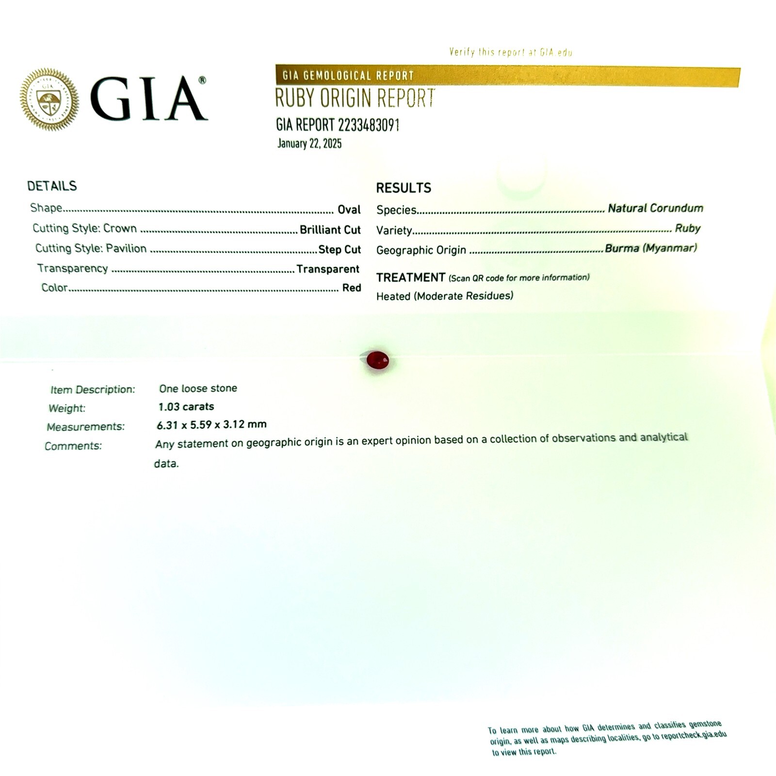 GIA Certified 1.03 Carats 6.31 x 5.59mm Oval Burmese Ruby Loose Gemstone – G012