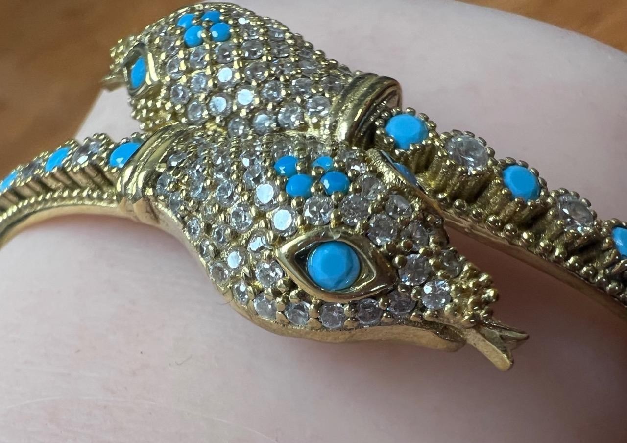Snake Bracelet REAL Blue Turquoise 14K Gold on SOLID 925 Etruscan Victorian Rev.