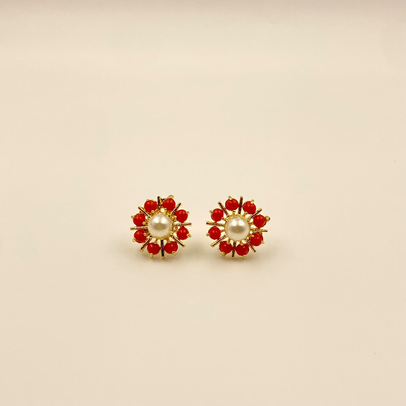Handmade Turquoise, Coral & Pearl Gem Stud Earrings Set | Gold Plated Jewelry