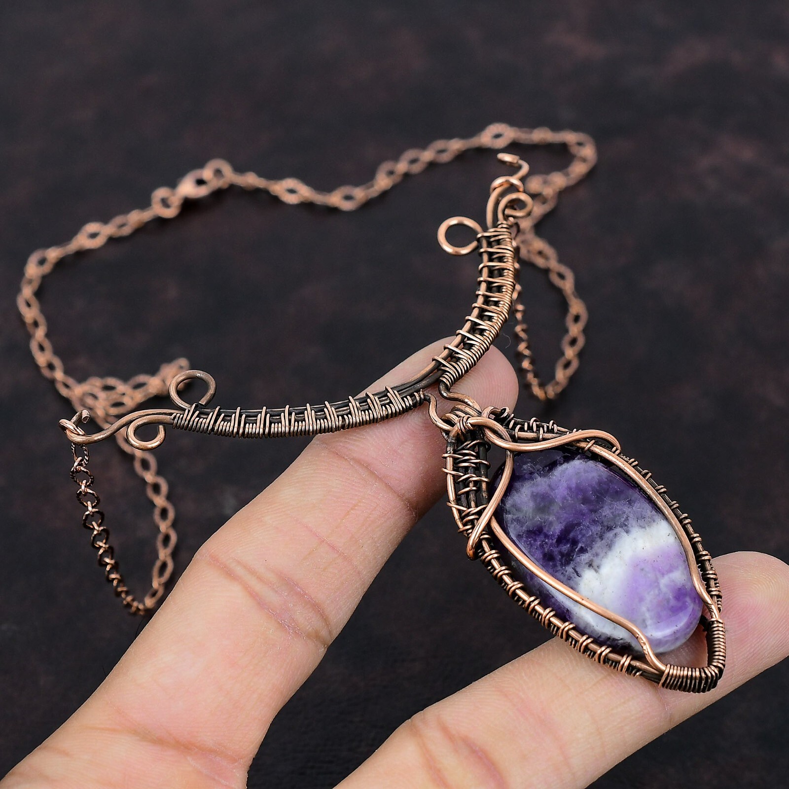 Chevron Amethyst Copper Gift For Bridesmaid Wire Wrapped Adjustable 18.0″