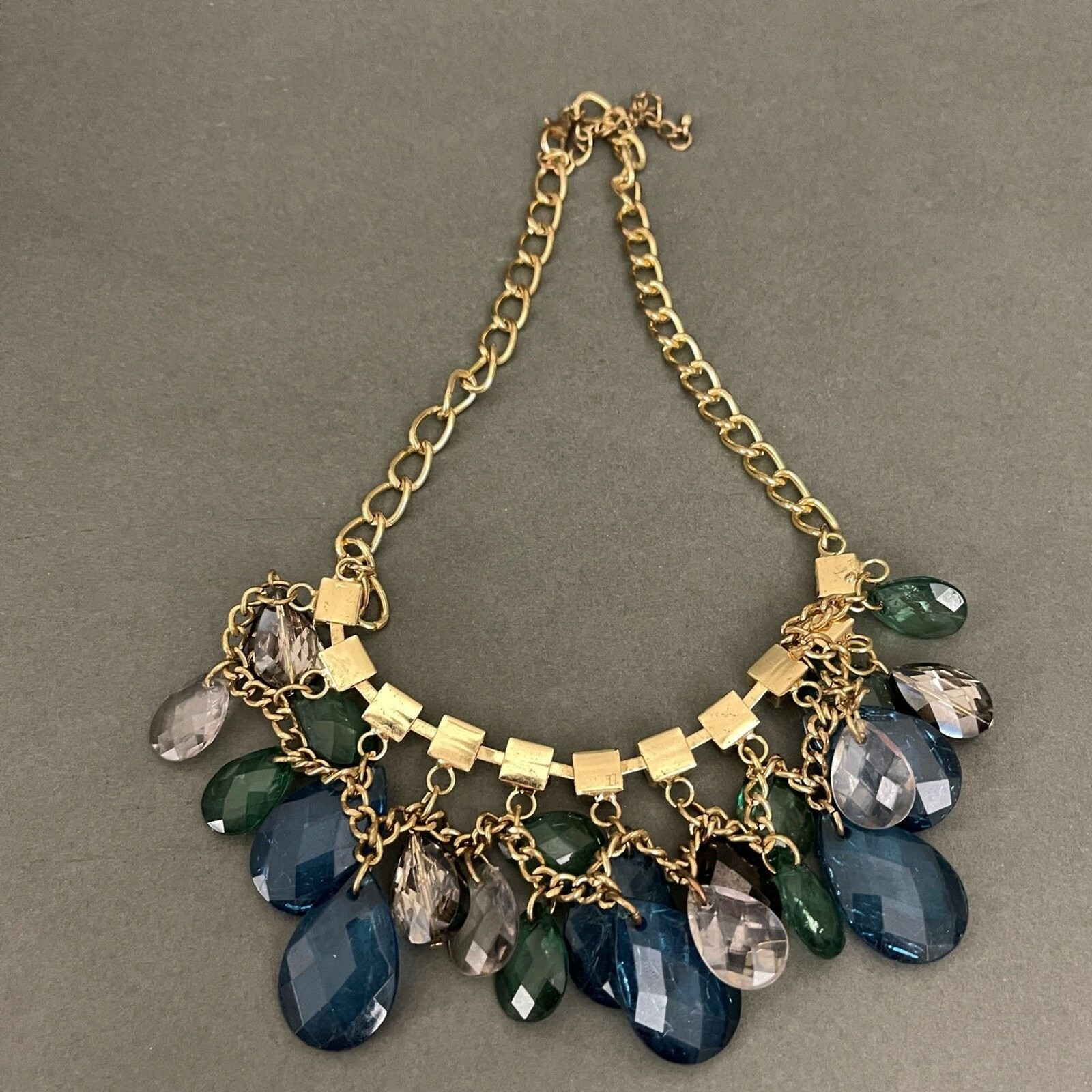 Blue Green Gold-tone Chain Statement Fashion Jewelry Necklace NWOT