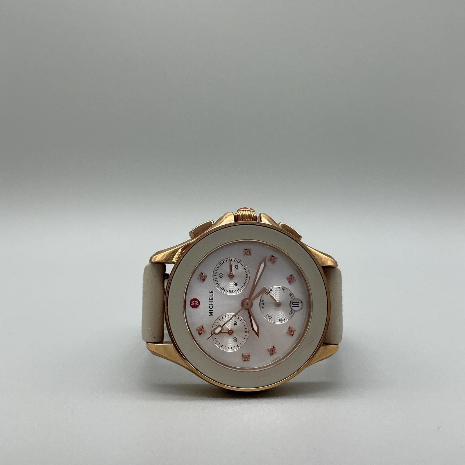 Michele Womens Watch 36mm Rose Gold Tone Chronograph Silver Tone New Battery