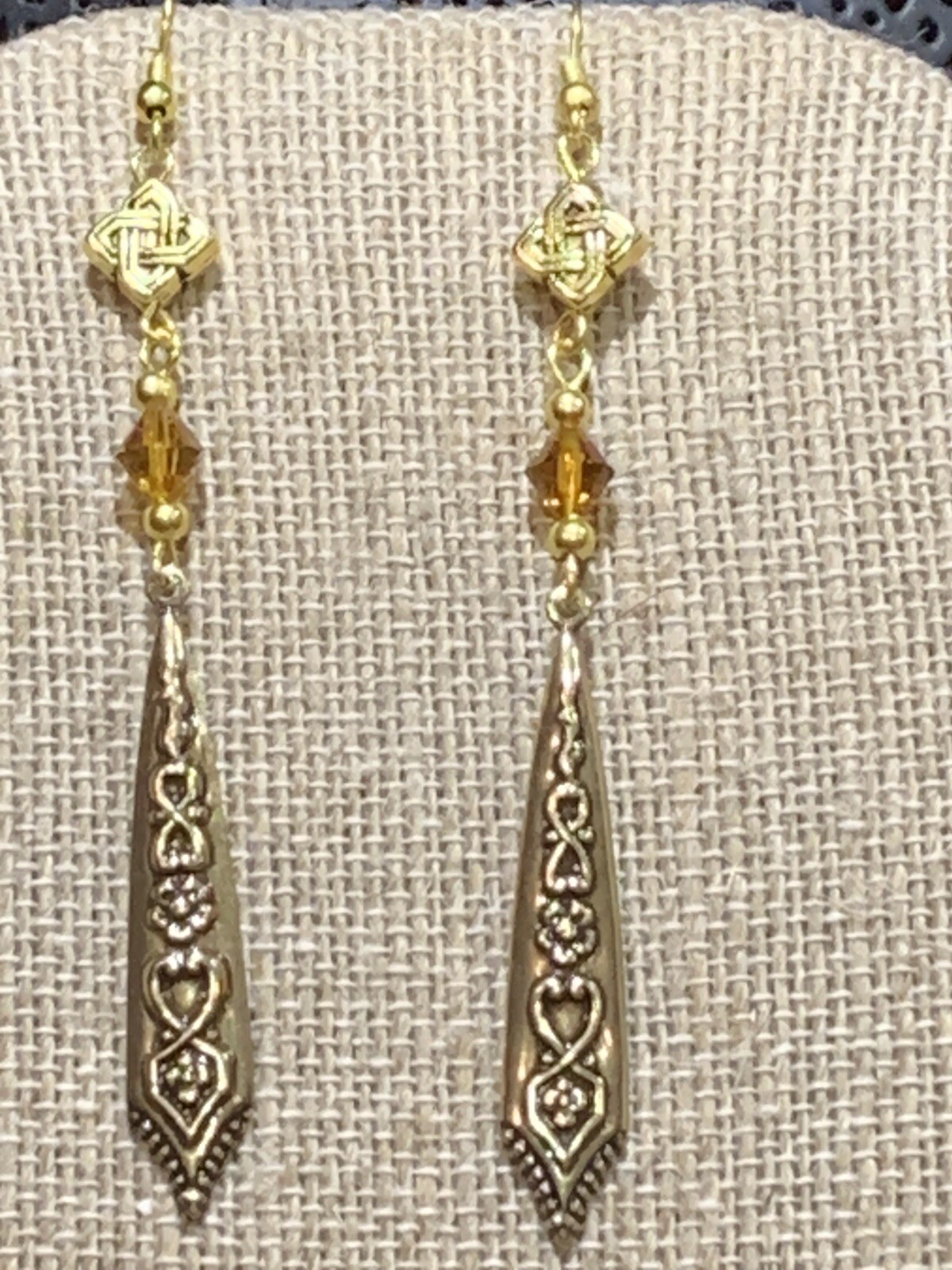 NEW ITEM* HANDCRAFTED VINTAGE EGYPTIAN REPOUSSE’ BRASS DROP & CRYSTAL EARRINGS
