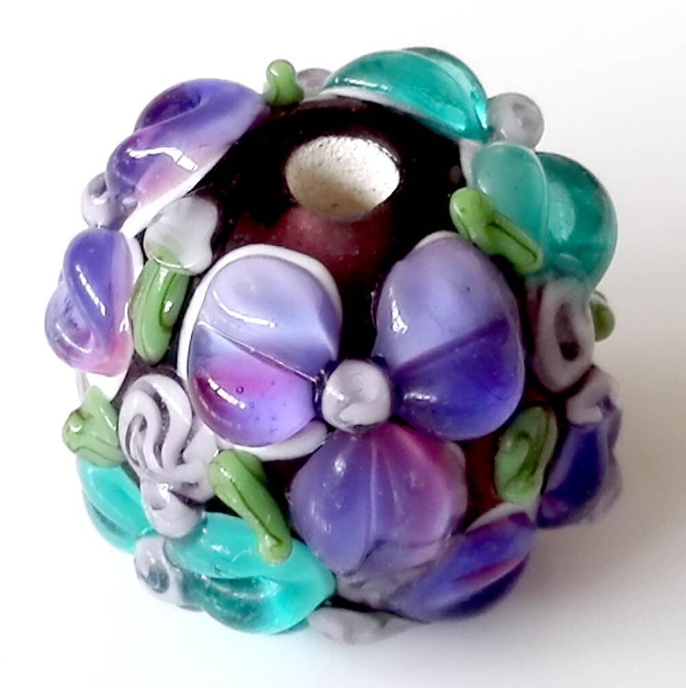 10Pcs Handmade Lampwork Glass Round Beads Purple Blue Flower 15Mm