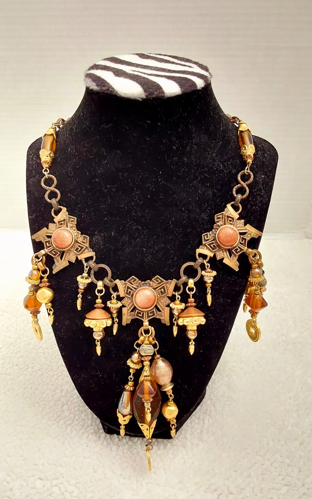 Vintage Robert Rose Necklace Gold Brown Beaded Egyptian Jewelry
