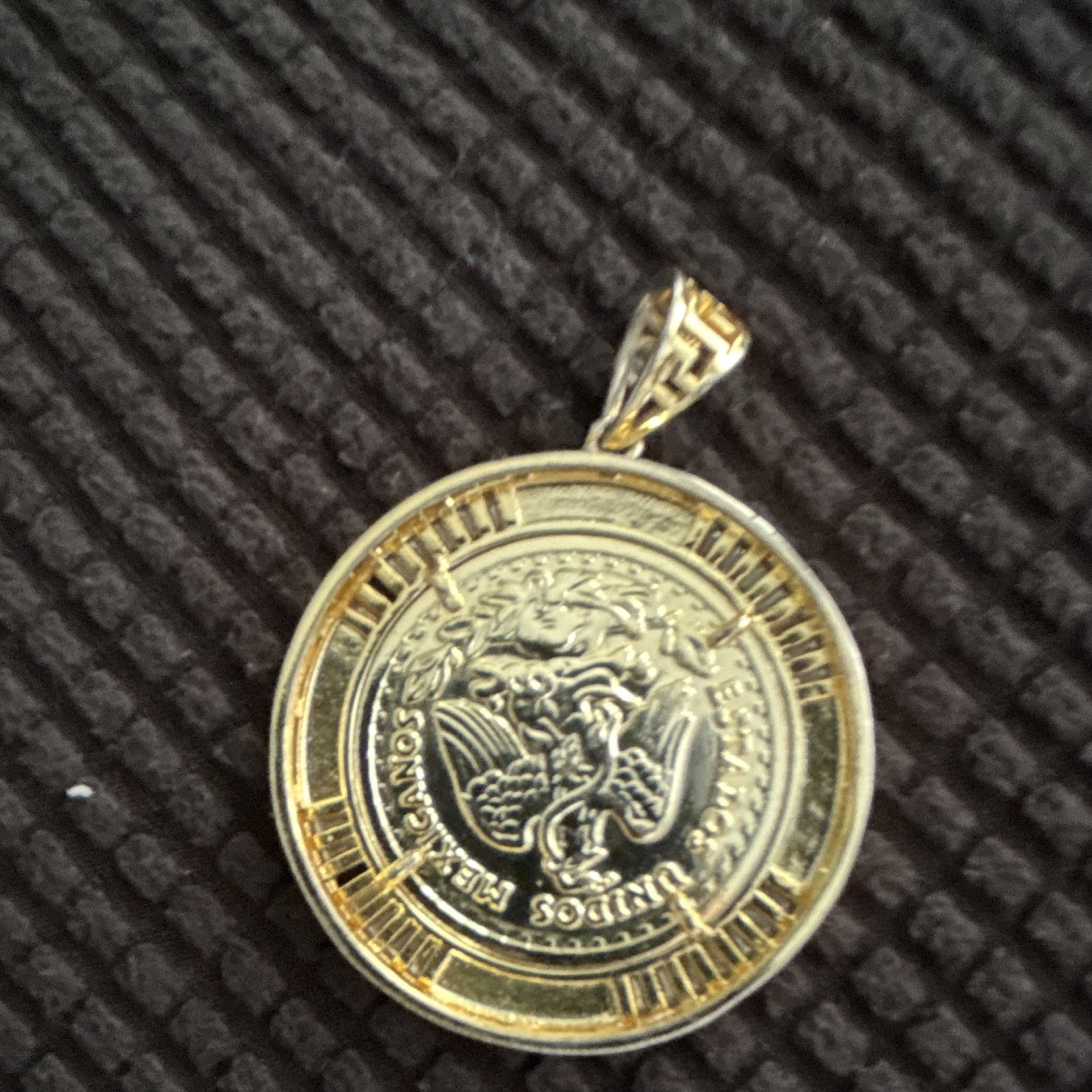 50 Pesos Coin Pendant Charm Round Gold Tone Two-Tone Greek Key Border Bail