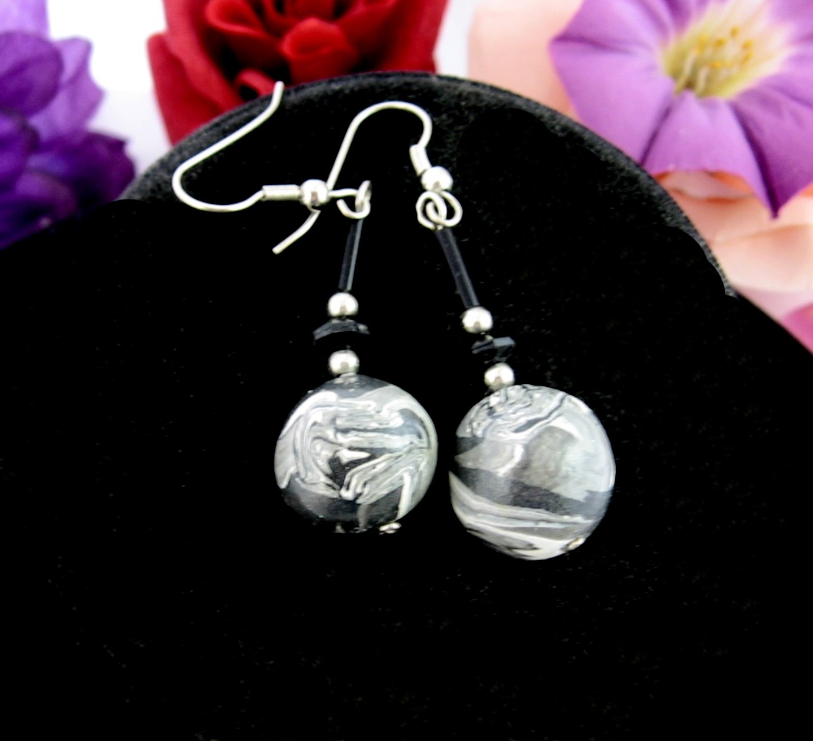 EARRINGS Vintage Pierced GRAY White BLACK MARBLED Beads Handmade Dangle Wires