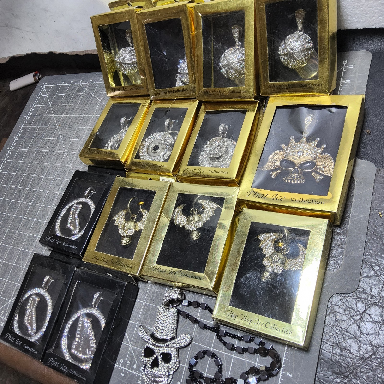 15 Blinged out phat ice plated pendants winged skulls rhinestones caps turntable