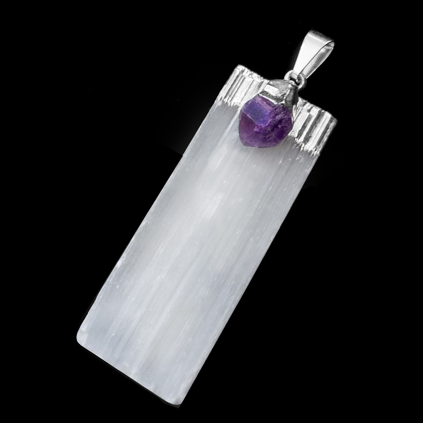 Selenite Amethyst Chakra Crystal Pendant CHARGED 925 Sterling Silver Necklace He