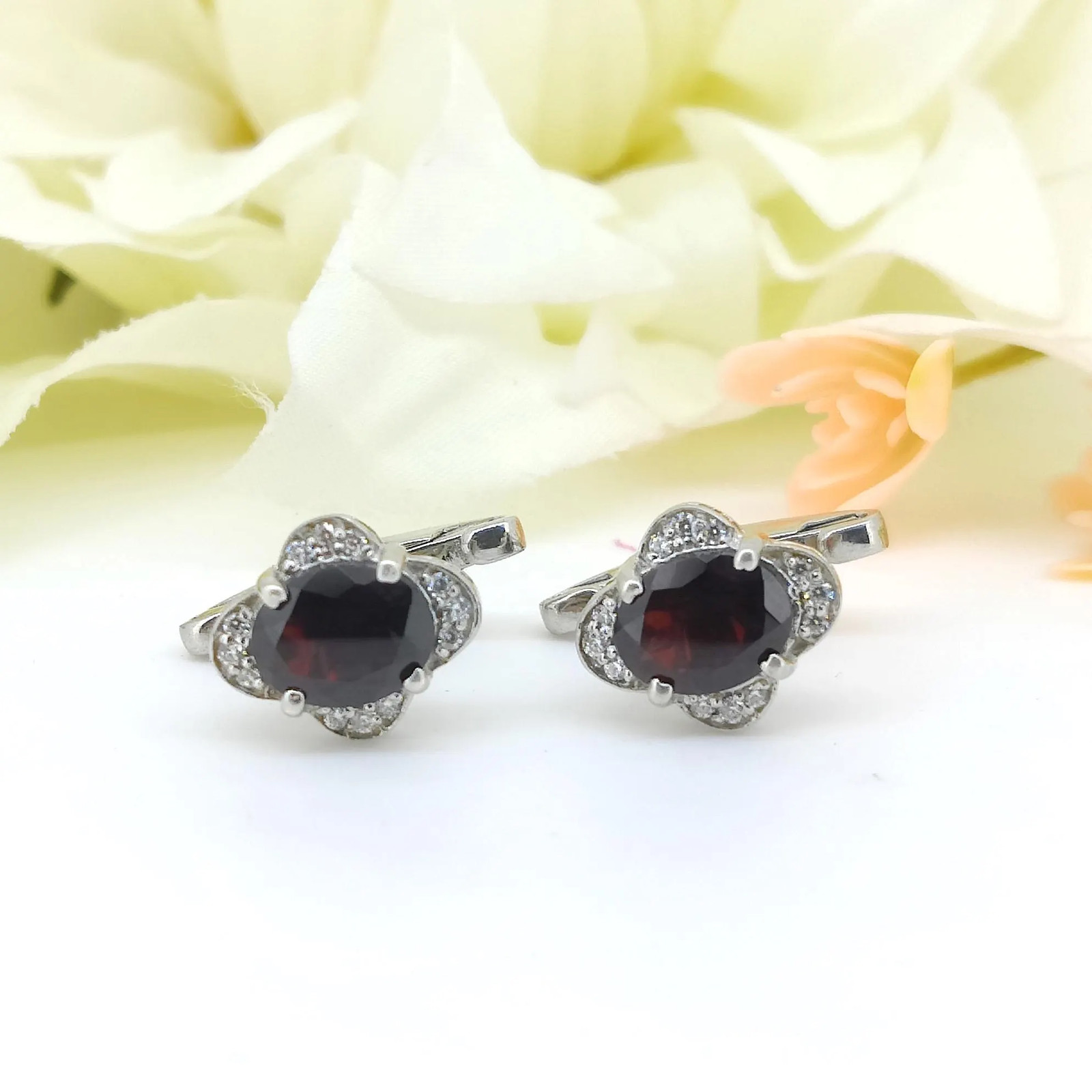 Garnet Sterling Silver Cufflinks, January Birthstone,Oval Gemstone Men’s Jewelry