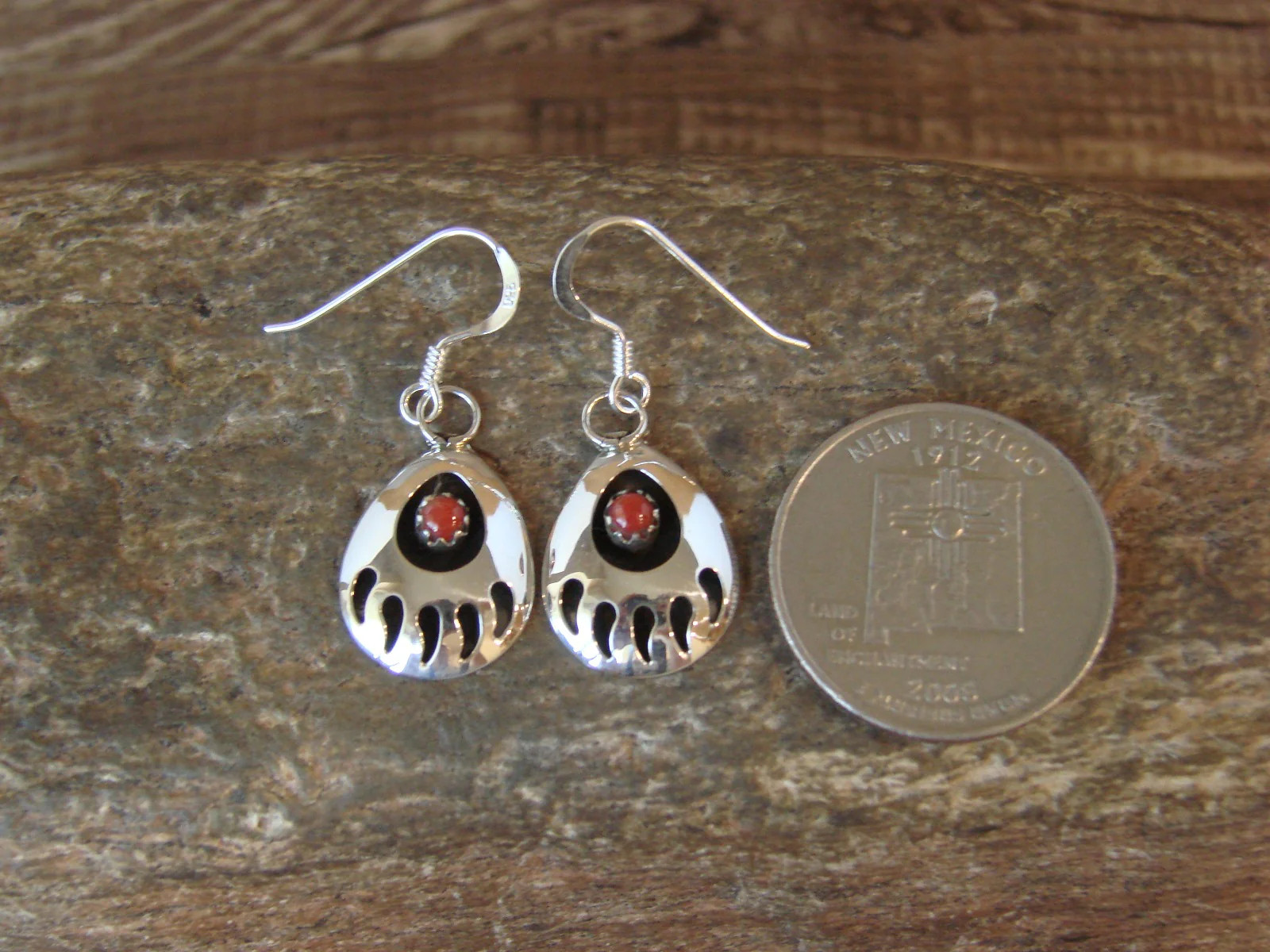 Navajo Indian Sterling Silver & Coral Bear Paw Dangle Earrings – Parker