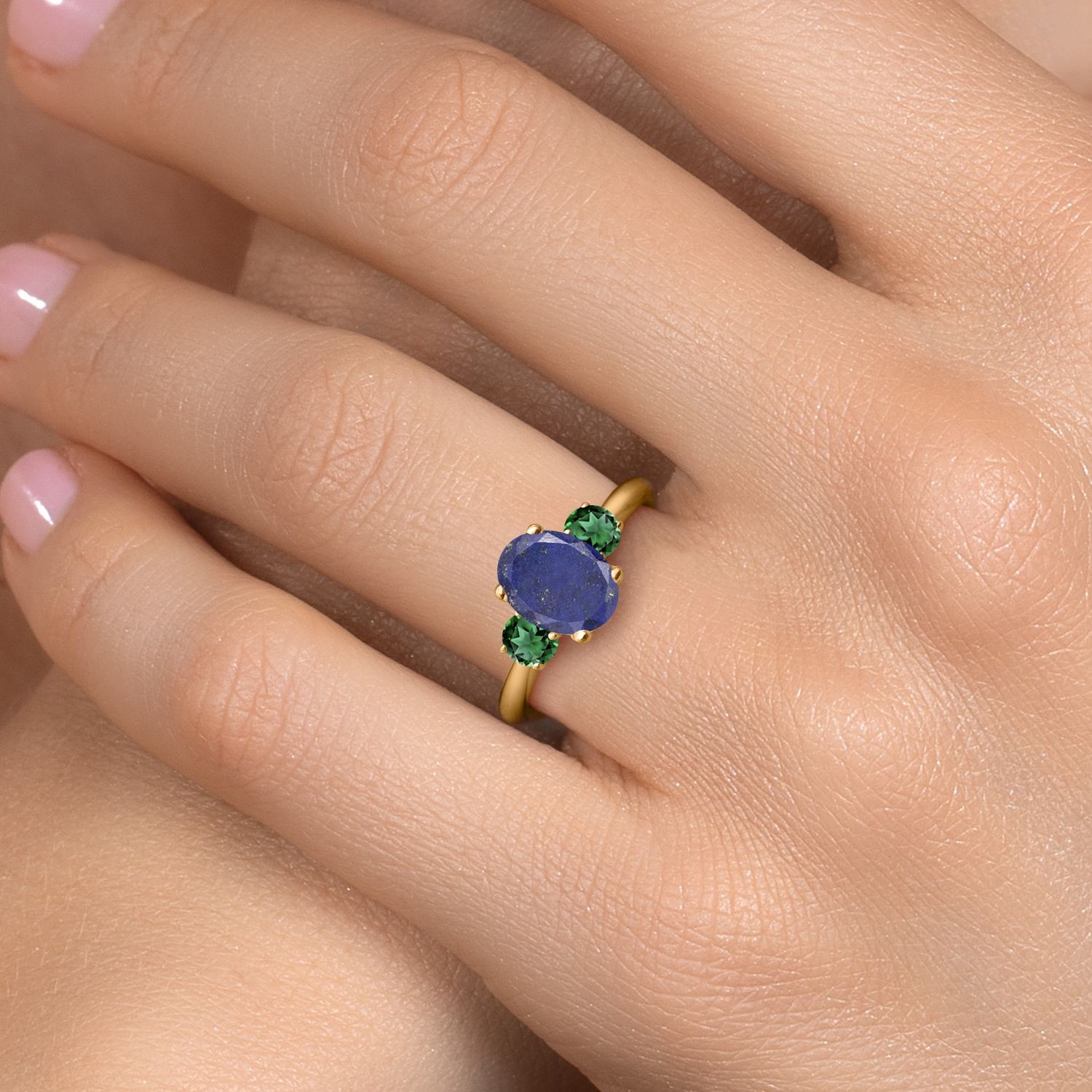18K Yellow Gold Plated Silver Blue Lapis and Nano Emerald Engagement Ring For