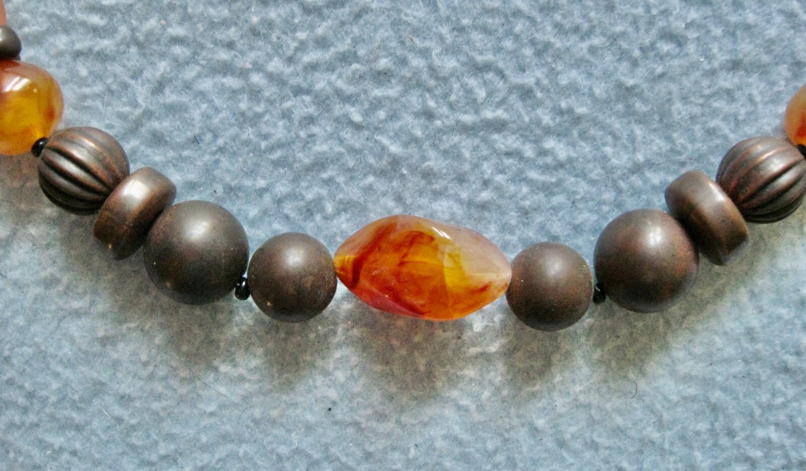 Choker Orange & Brown Beads Spring Ring Clasp; 6″ Diam or 9″ Drop; Quartz?