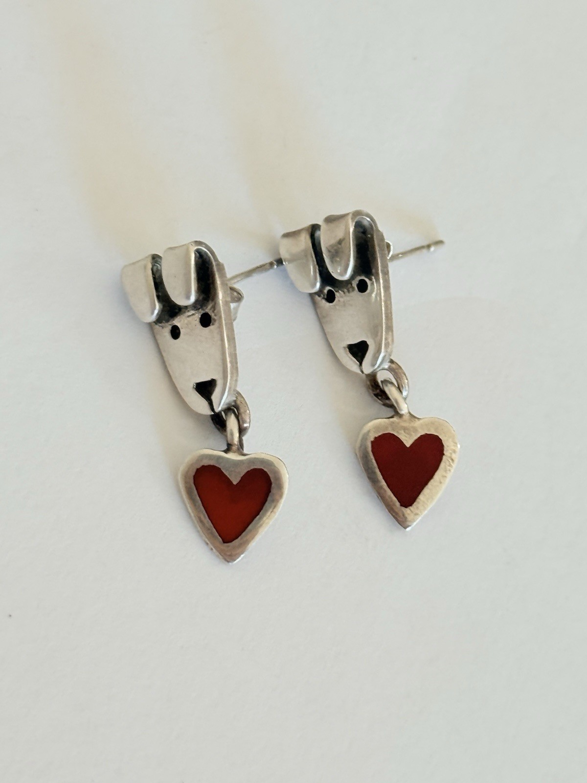 Vintage Anne Jane Harvey Mexico Sterling Silver Dog Puppy Heart Dangle Earrings