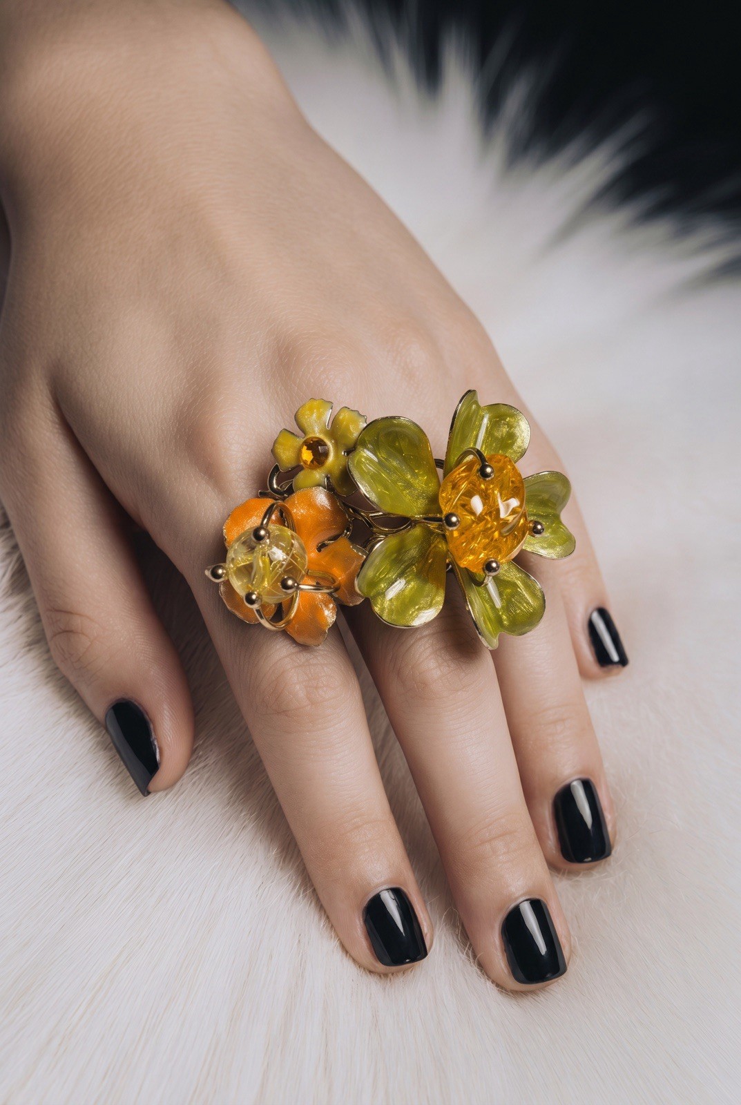 Silver Tone Floral Cluster Cocktail Ring Adjustable Green Orange Yellow Glass