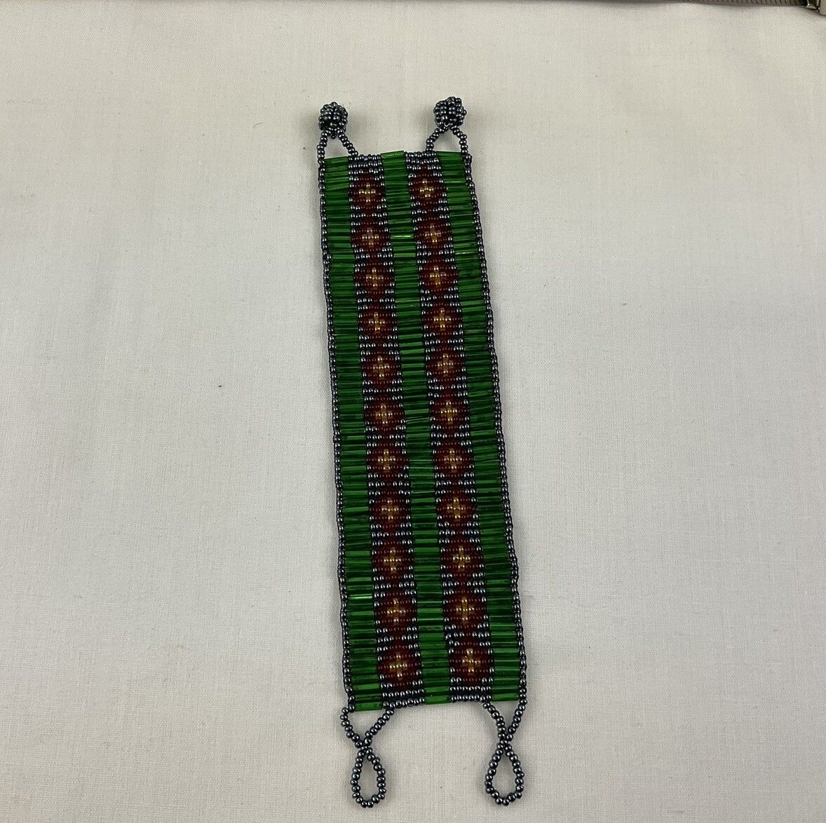 Glass Beaded Bracelet Aztec Style Black Gold Green Red L 7-1/2” x W2”