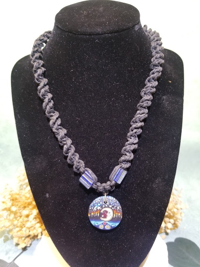 Black Spiral Hemp Necklace Glass Beads & Colorful Moon & Stars Fimo Clay Pendant