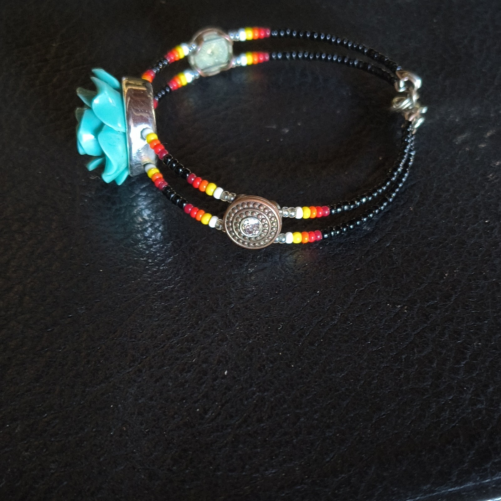 Black Seed Bead Bracelet Turquoise Flower Charm Lobster Clasp Multicolor