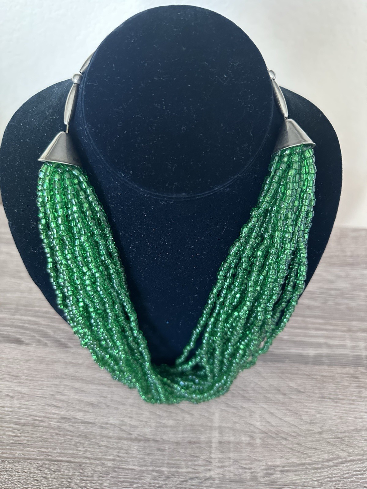 Vintage Southwestern Multi Strand Green Glass Seed Bead Necklace Silver Tone
