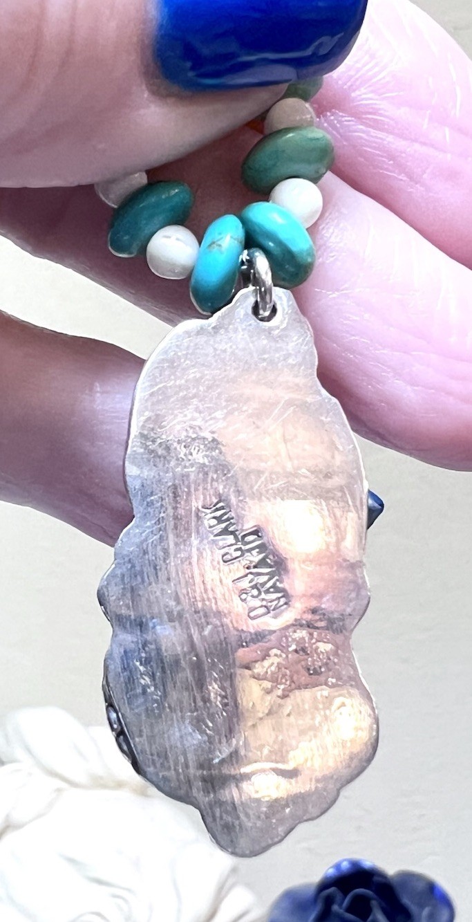 LOVELY Native, Navajo Signed Sterling Silver Turquoise, Coral, Etc Bird Necklace
