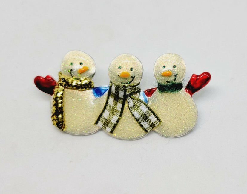AJMC Happy Triple Snowmen Brooch Christmas Winter Holiday Metallic 2.5″