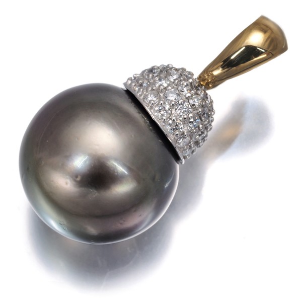 Black South Sea Pearl 14.2mm Diamond 0.60ct Paved Pendant 18K YG/Pt 900