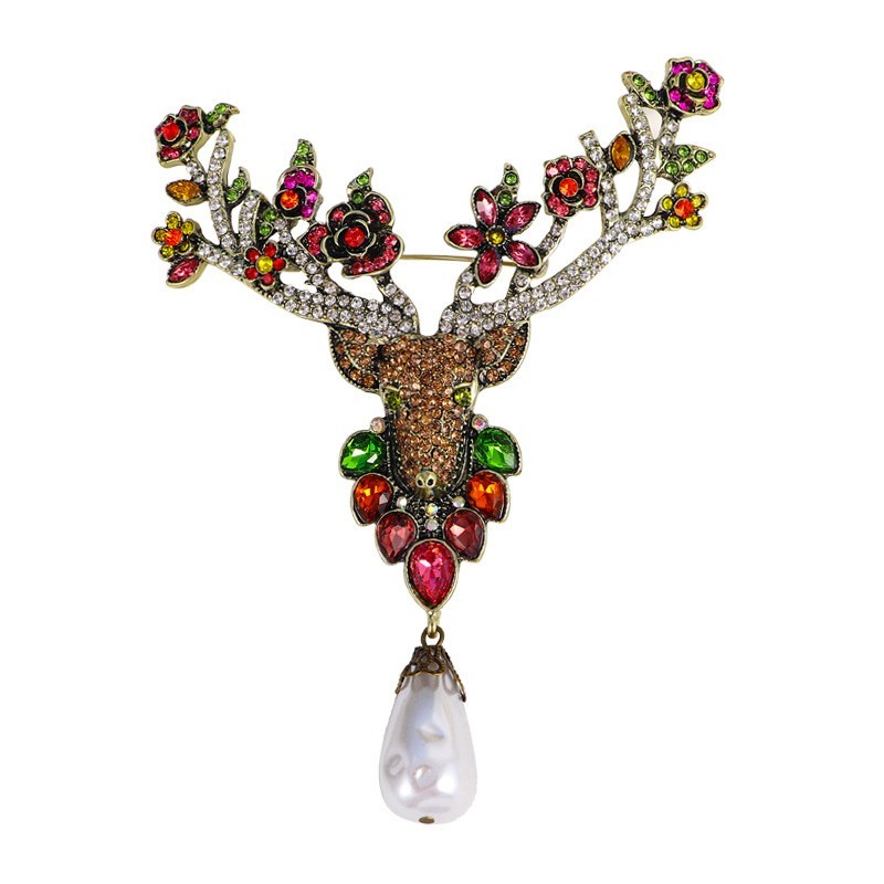 Colorful Crystal Deer Brooch Pin Christmas Reindeer Rhinestone Pearl Lapel Pin G