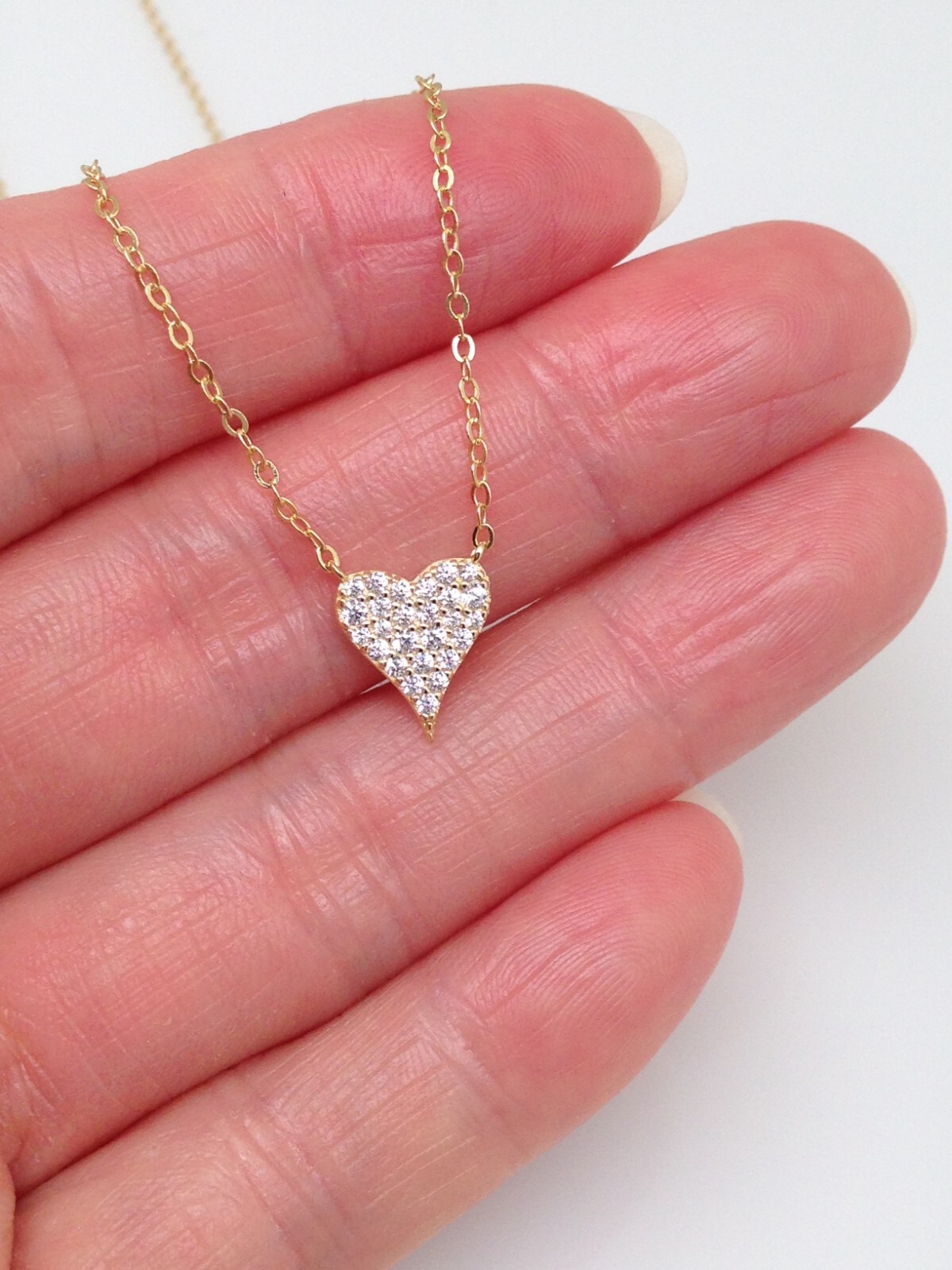 Gold Pave Cz Heart Necklace 925 Sterling Silver Pendant 9mm(0.35″) 17.75″ Tiny