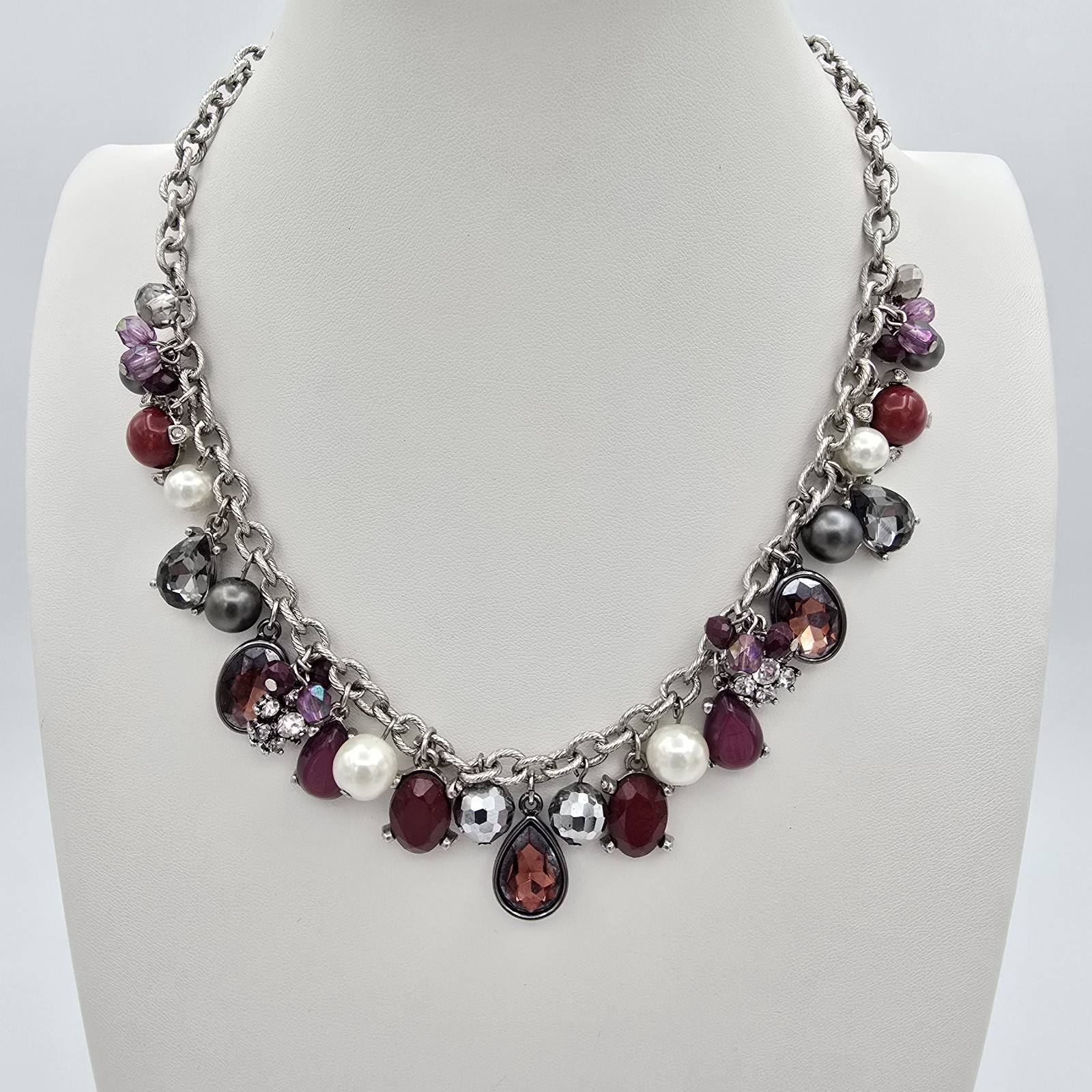 White House Black Market Red Rhinestone & Faux Pearl Necklace Purple Gray White