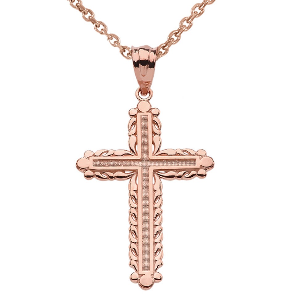 Gold Beaded Cross Pendant Necklace (Available in Yellow/Rose/White Gold)