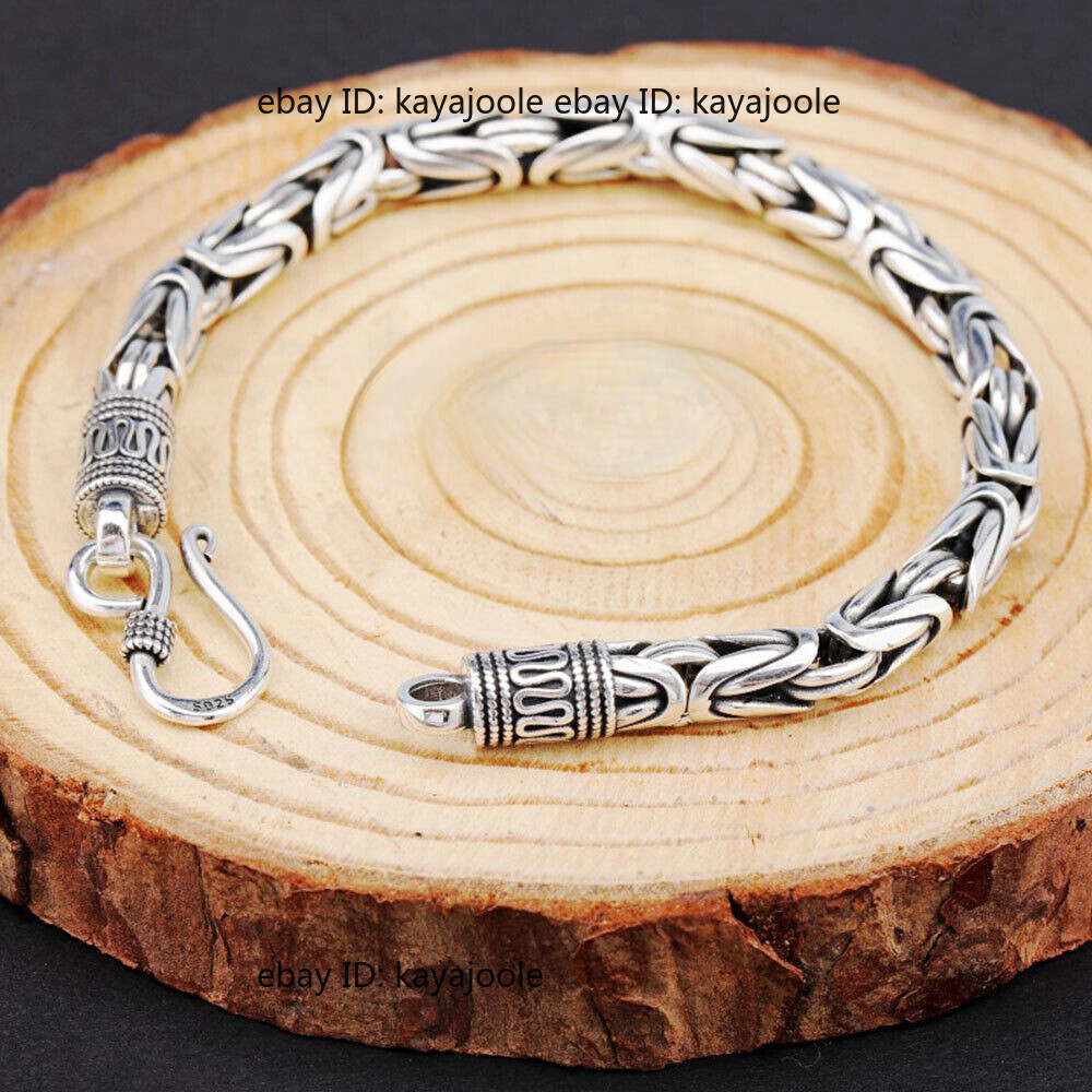 Pure S925 Sterling Silver Chain Men Women 4mm-7mm Byzantine Link Bracelet 6-9in