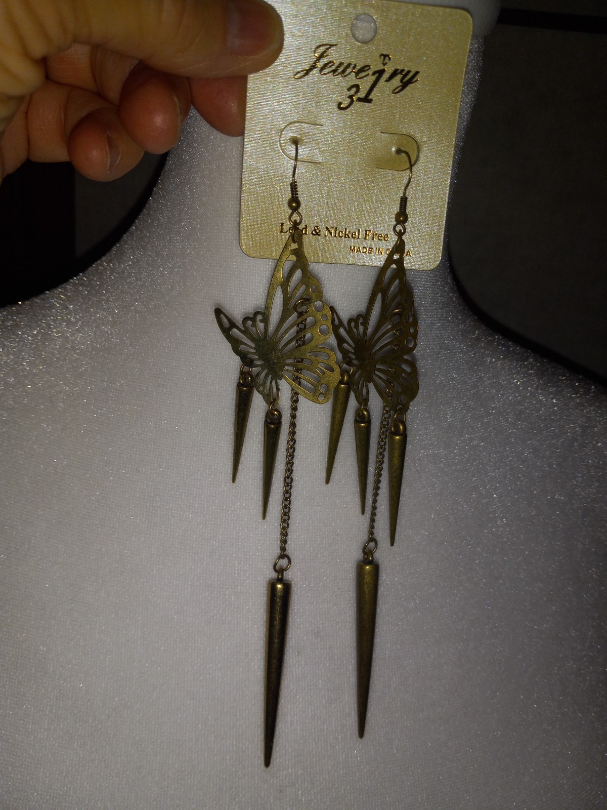 31 Jewelry Lead And Nickel Free Dangle Bronze Tone Butterfly & Spikes Earrings