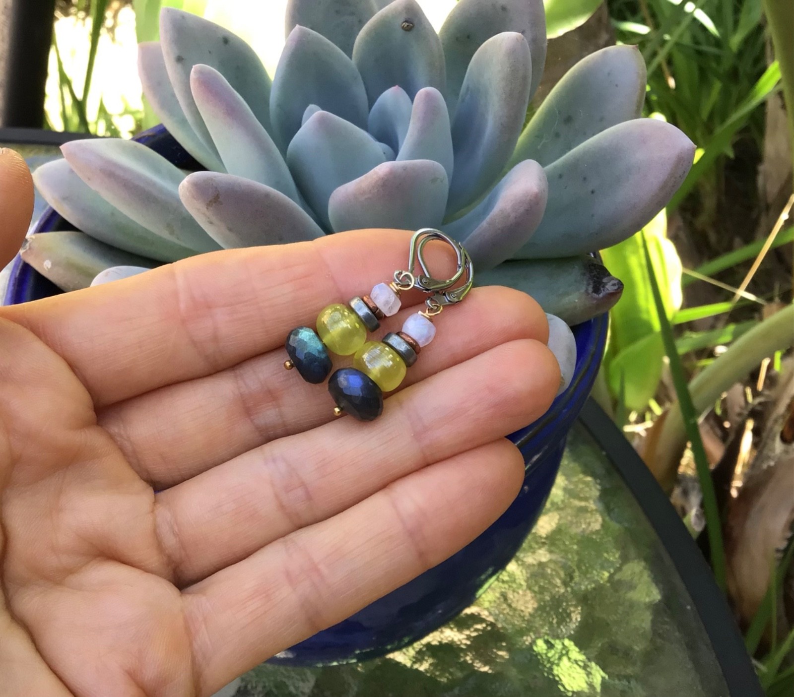 $130 SUNDANCE CHARM MOONSTONE LABRADORITE LEMON QUARTZ EARRINGS ARTISAN JEWELRY